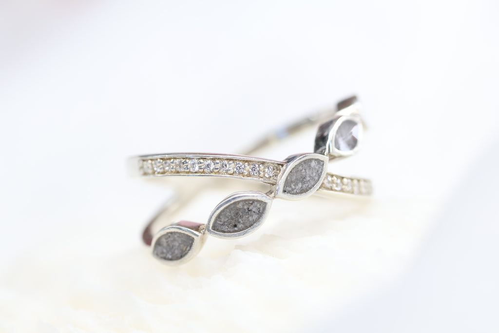 Criss Cross Cremation Ring, Ashes Marquise Ring