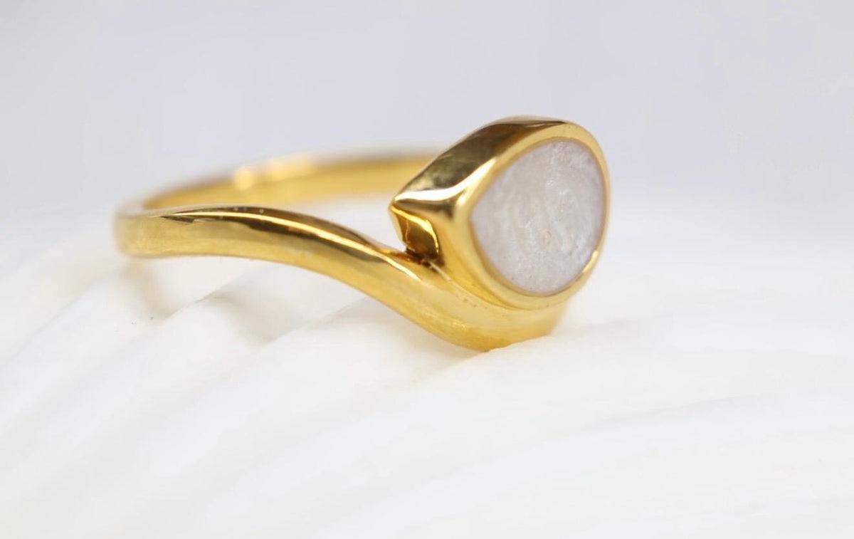 Cremation East West Pear Bezel Ring, Thick Curved Band Memorial Ring