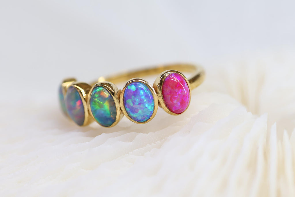 Ombré Opal Cremation Ring, Half Eternity Band Ashes Keepsake Ring