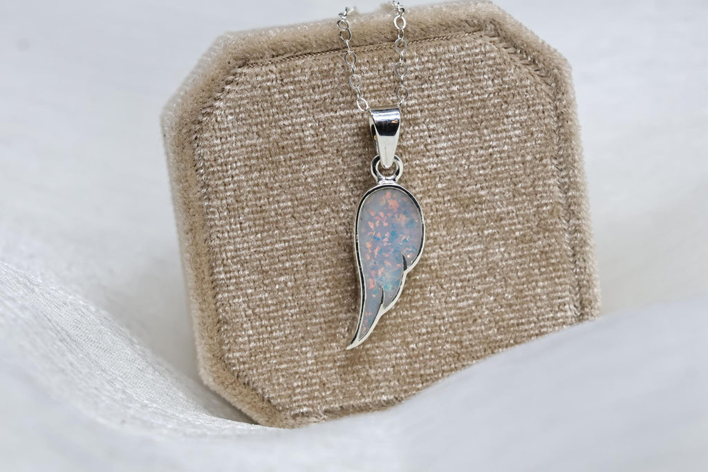 Opal Wing Cremation Necklace, Angel Wing Ashes Keepsake Necklace