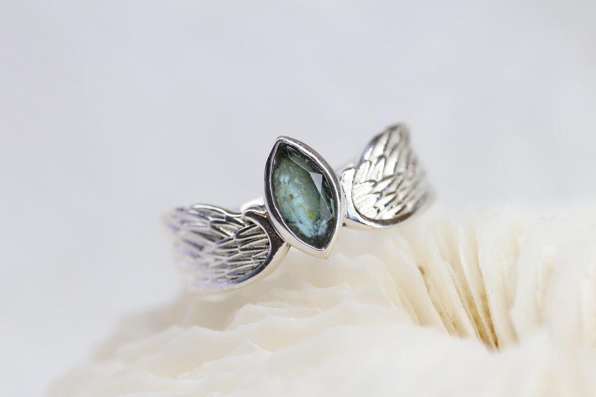 Cremation Ashes Ring, Angel Wing Blue Topaz Ring
