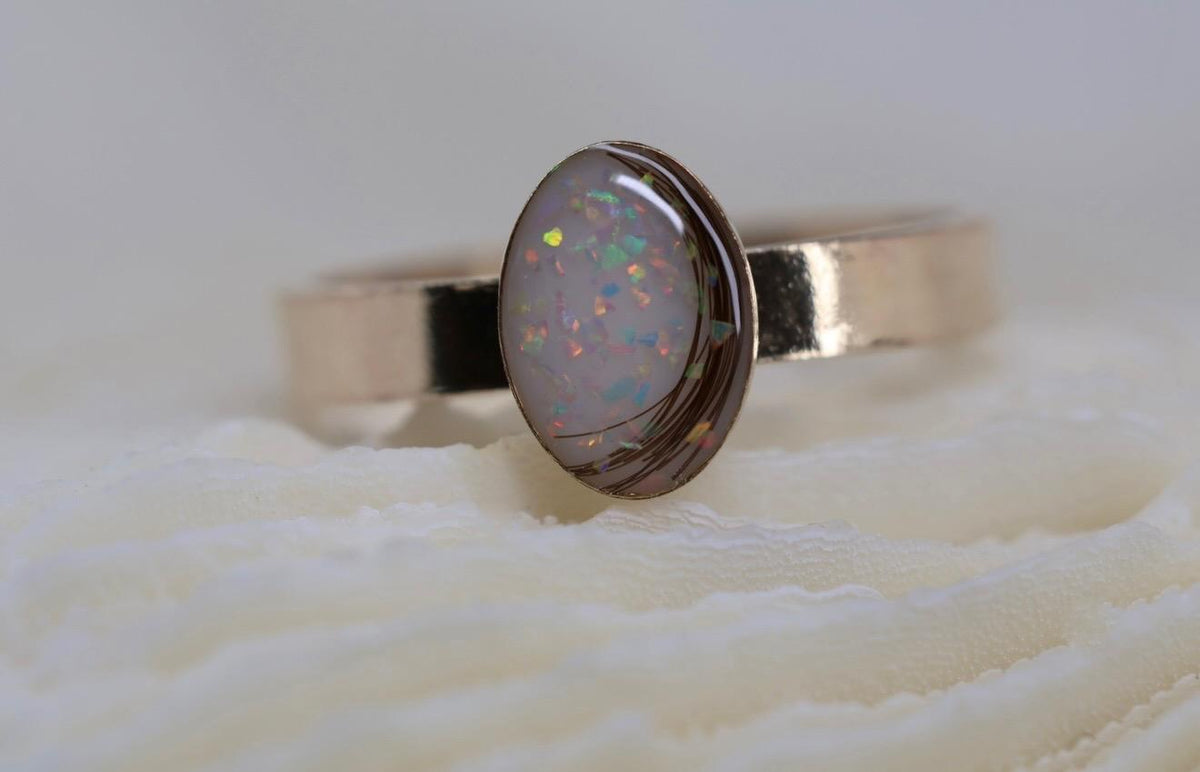 Breastmilk and Opal Wide Band Ring, Baby Hair Ring