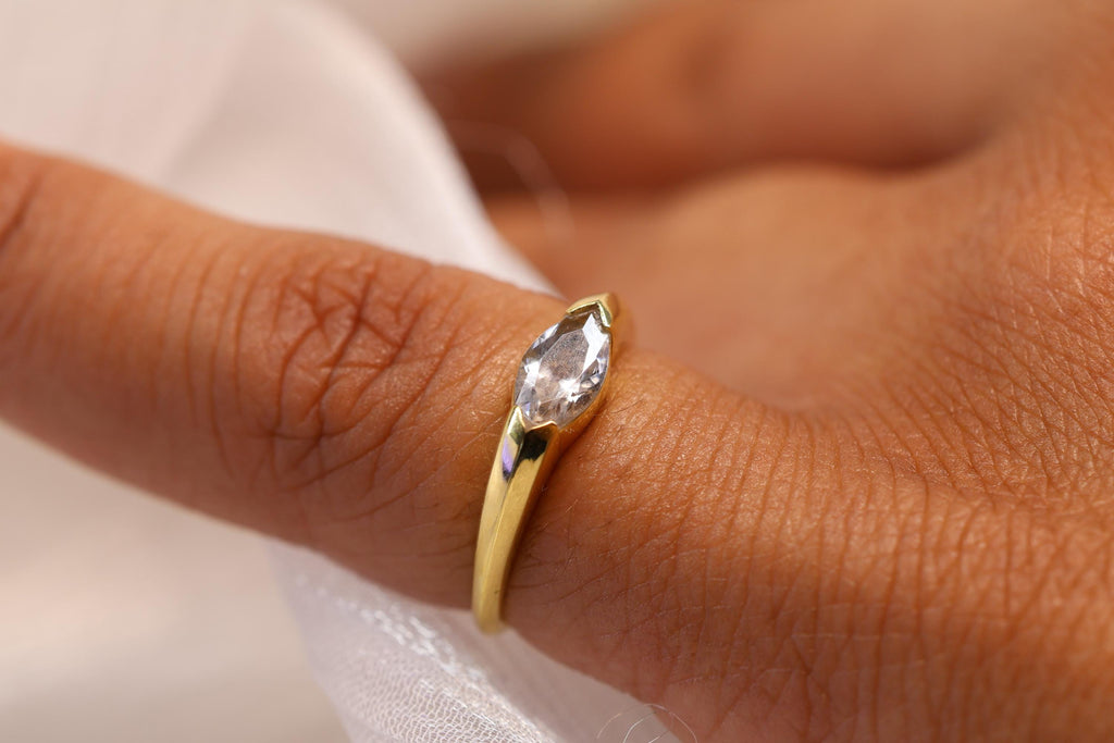 Solid Gold East West Cremation Ashes Ring, Marquise CZ Ring