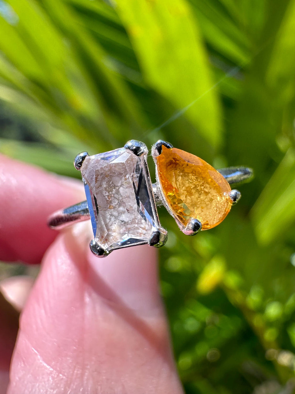 Toi et Moi Cremation Ashes Birthstone Ring, Emerald and Pear Cut Stones