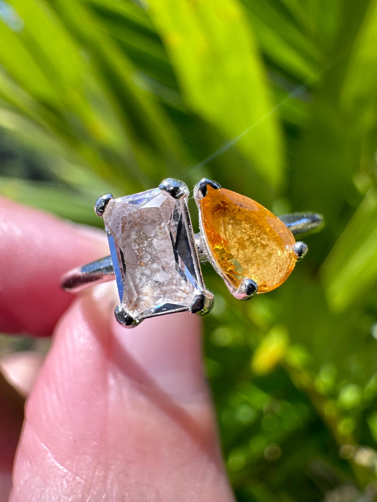 Toi et Moi Cremation Ashes Birthstone Ring, Emerald and Pear Cut Stones