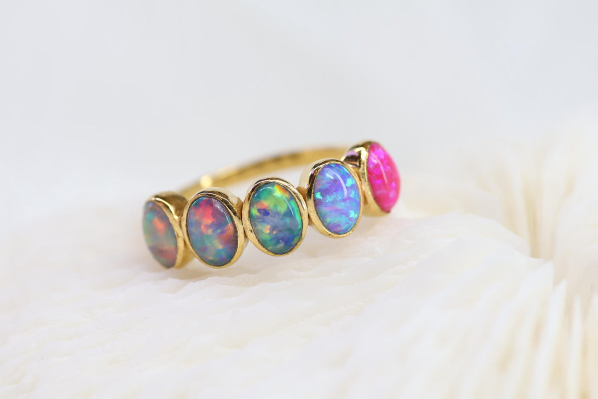 Ombré Opal Cremation Ring, Half Eternity Band Ashes Keepsake Ring