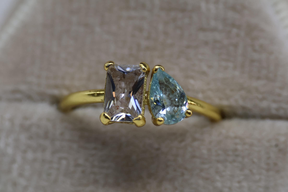 Toi et Moi Cremation Ashes Birthstone Ring, Emerald and Pear Cut Stones