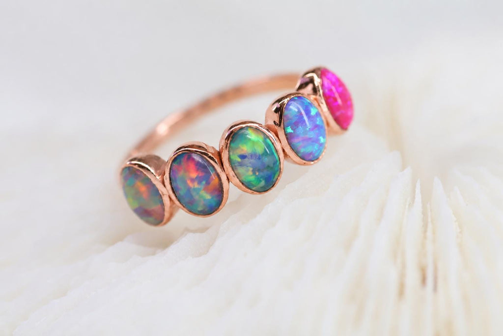 Ombré Opal Cremation Ring, Half Eternity Band Ashes Keepsake Ring