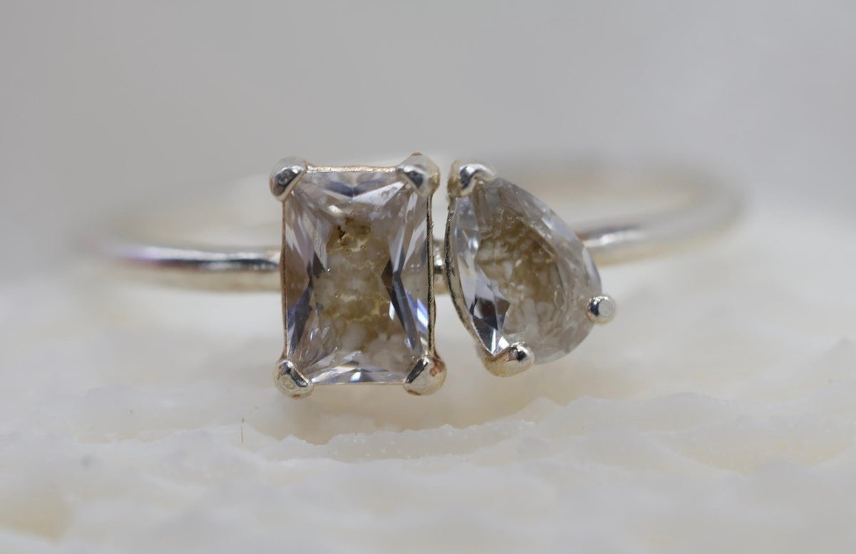 Toi et Moi Cremation Ashes Ring, Emerald & Pear Cut Ring