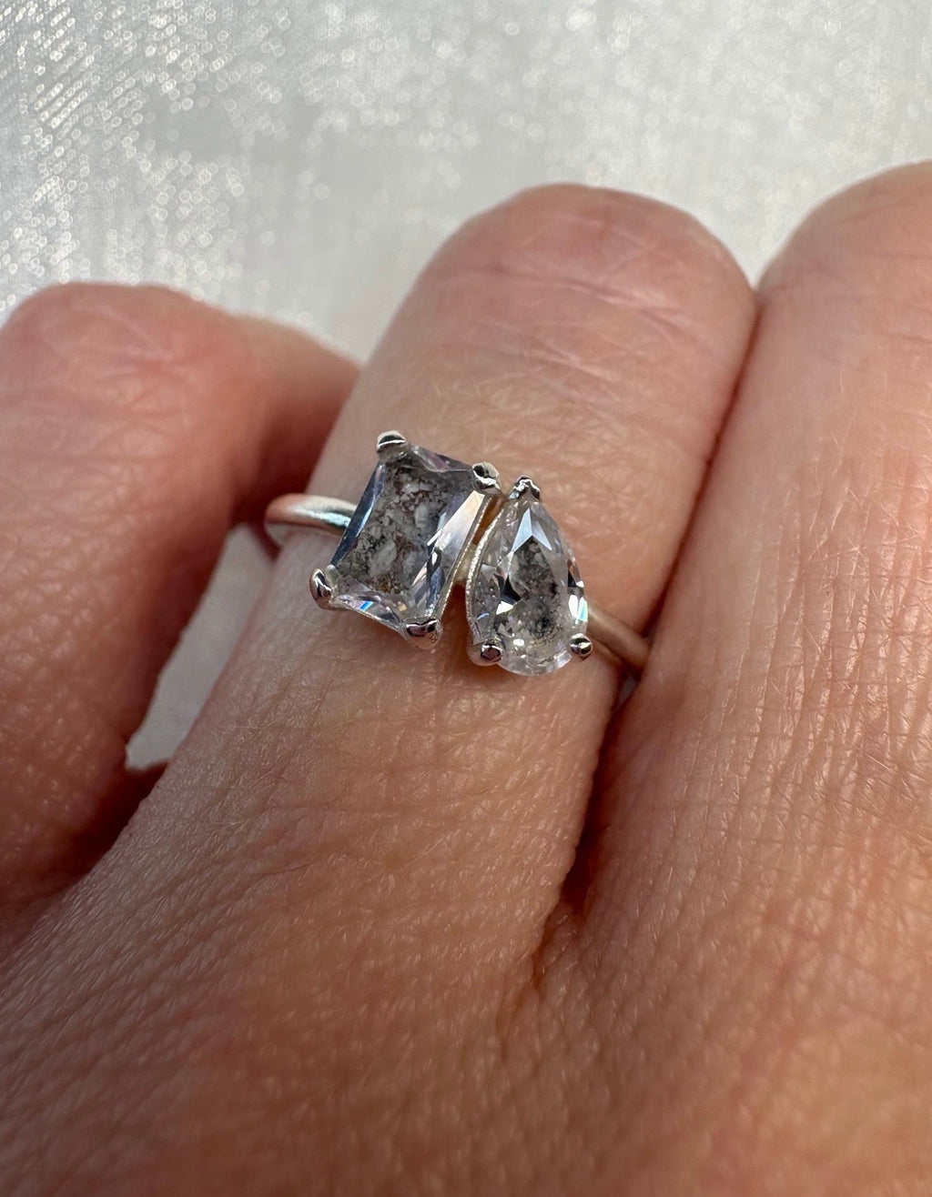 Toi et Moi Cremation Ashes Ring, Emerald & Pear Cut Ring