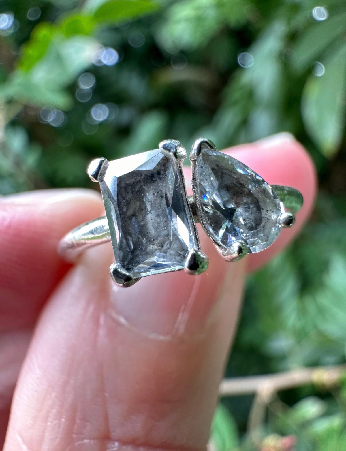 Toi et Moi Cremation Ashes Ring, Emerald & Pear Cut Ring