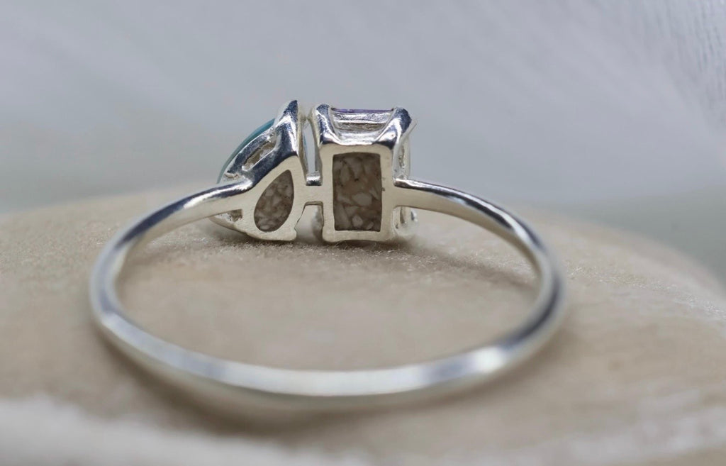 Toi et Moi Cremation Ashes Ring, Emerald & Pear Cut Ring