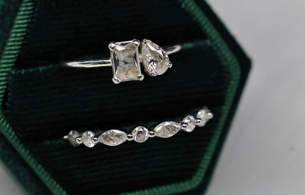 Toi et Moi Cremation Ashes Ring, Emerald & Pear Cut Ring