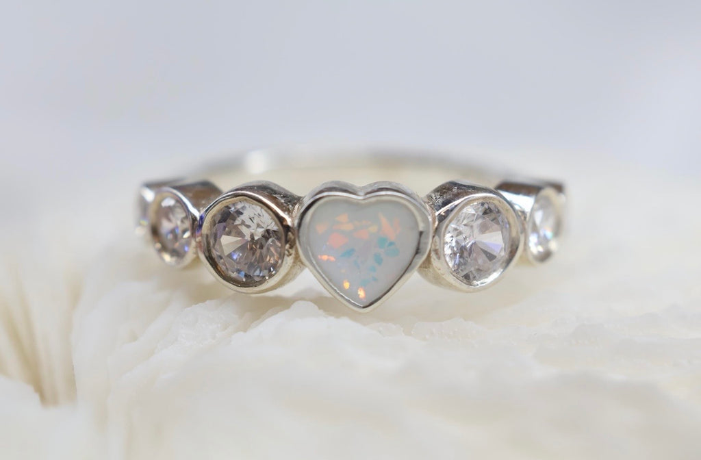 Opal Heart Cremation Ashes Ring, CZ Half Eternity Memorial Ring, Hidden Ash Keepsake