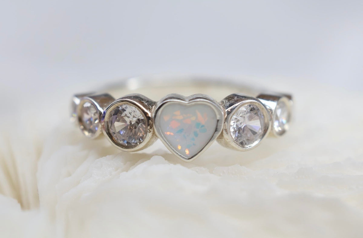 Opal Heart Cremation Ashes Ring, CZ Half Eternity Memorial Ring, Hidden Ash Keepsake