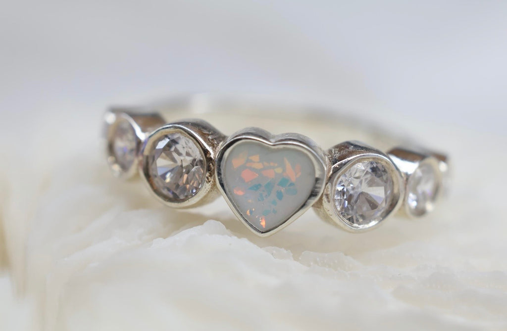 Opal Heart Cremation Ashes Ring, CZ Half Eternity Memorial Ring, Hidden Ash Keepsake