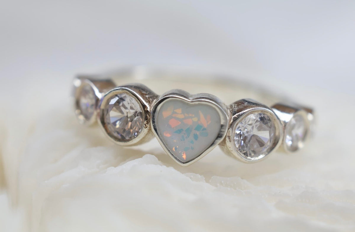 Opal Heart Cremation Ashes Ring, CZ Half Eternity Memorial Ring, Hidden Ash Keepsake