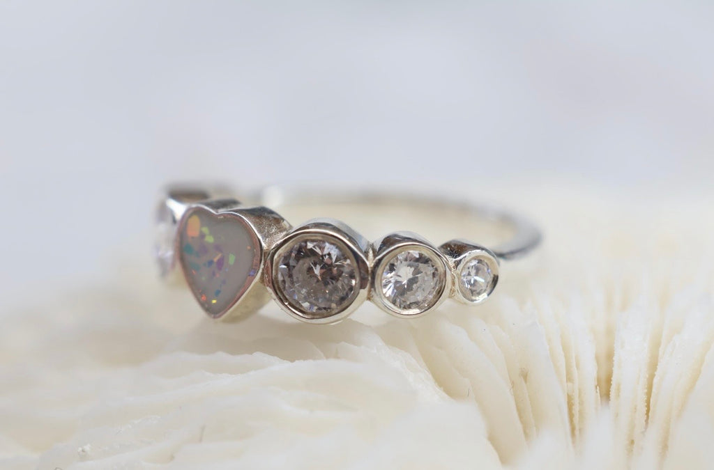 Opal Heart Cremation Ashes Ring, CZ Half Eternity Memorial Ring, Hidden Ash Keepsake