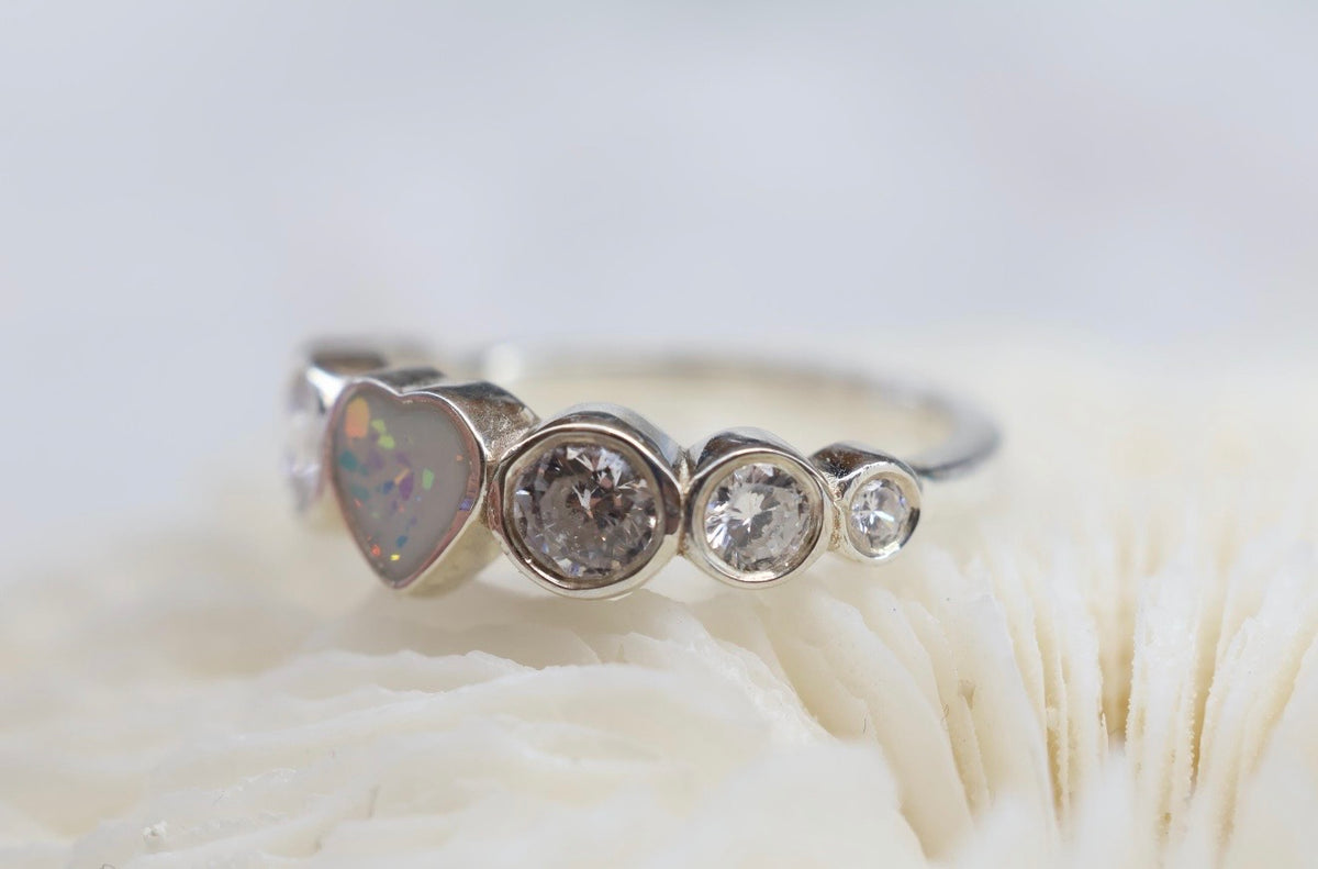 Opal Heart Cremation Ashes Ring, CZ Half Eternity Memorial Ring, Hidden Ash Keepsake