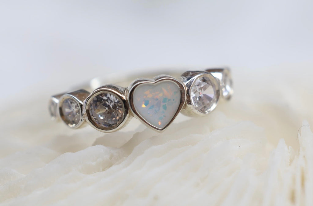 Opal Heart Cremation Ashes Ring, CZ Half Eternity Memorial Ring, Hidden Ash Keepsake
