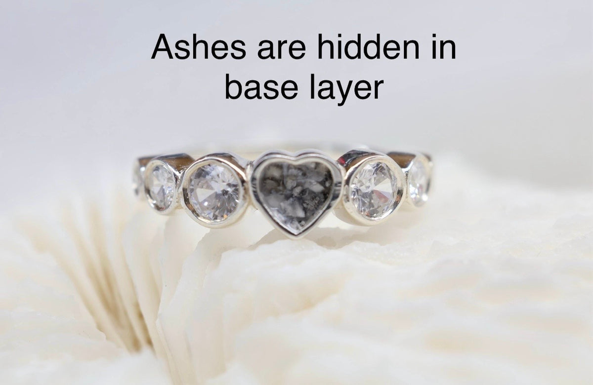 Opal Heart Cremation Ashes Ring, CZ Half Eternity Memorial Ring, Hidden Ash Keepsake