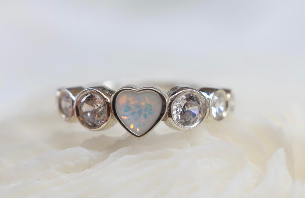 Opal Heart Cremation Ashes Ring, CZ Half Eternity Memorial Ring, Hidden Ash Keepsake