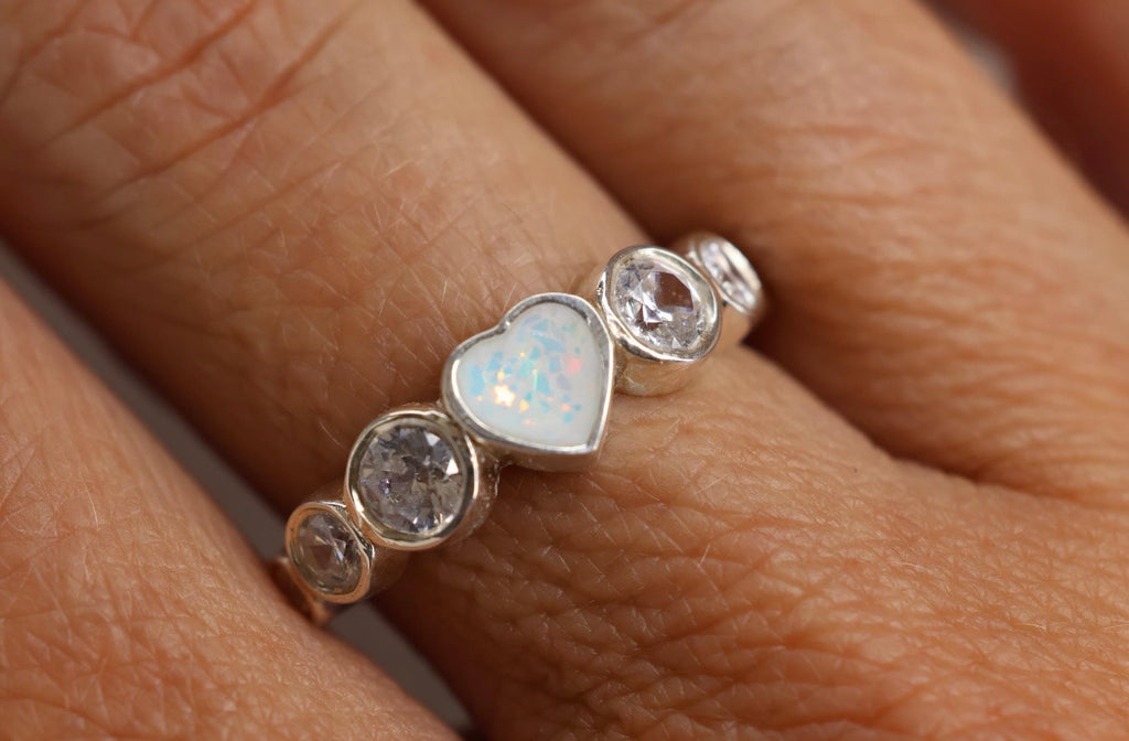 Opal Heart Cremation Ashes Ring, CZ Half Eternity Memorial Ring, Hidden Ash Keepsake