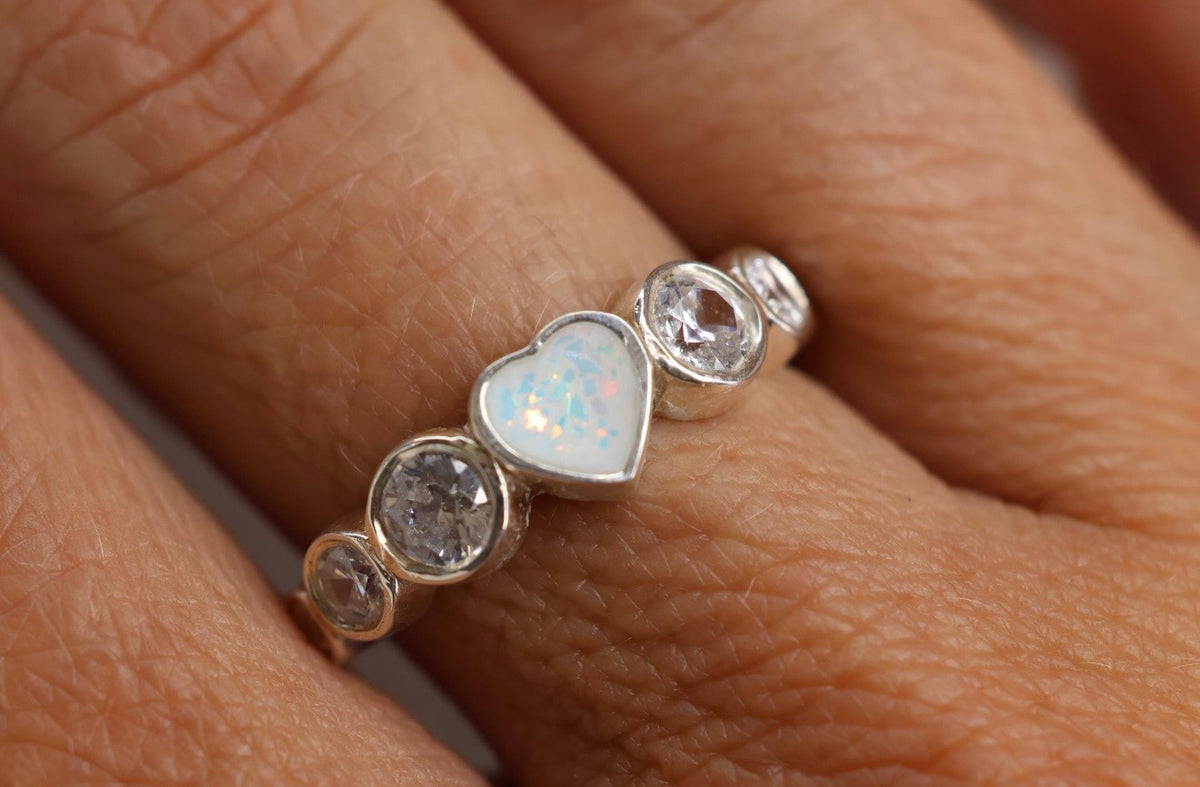 Opal Heart Cremation Ashes Ring, CZ Half Eternity Memorial Ring, Hidden Ash Keepsake
