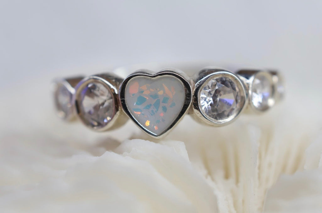 Opal Heart Cremation Ashes Ring, CZ Half Eternity Memorial Ring, Hidden Ash Keepsake
