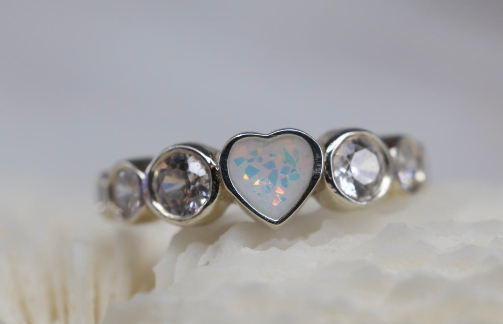 Opal Heart Cremation Ashes Ring, CZ Half Eternity Memorial Ring, Hidden Ash Keepsake
