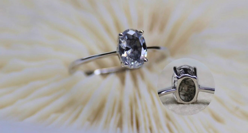 Elongated Oval CZ Cremation Ashes Ring, 1 Carat Memorial Solitaire Ring
