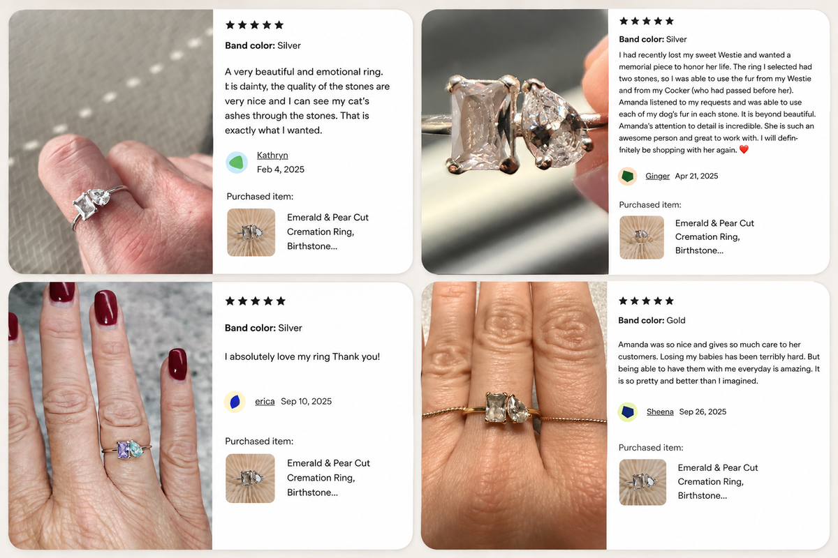 Toi et Moi Cremation Ashes Ring, Emerald & Pear Cut Ring