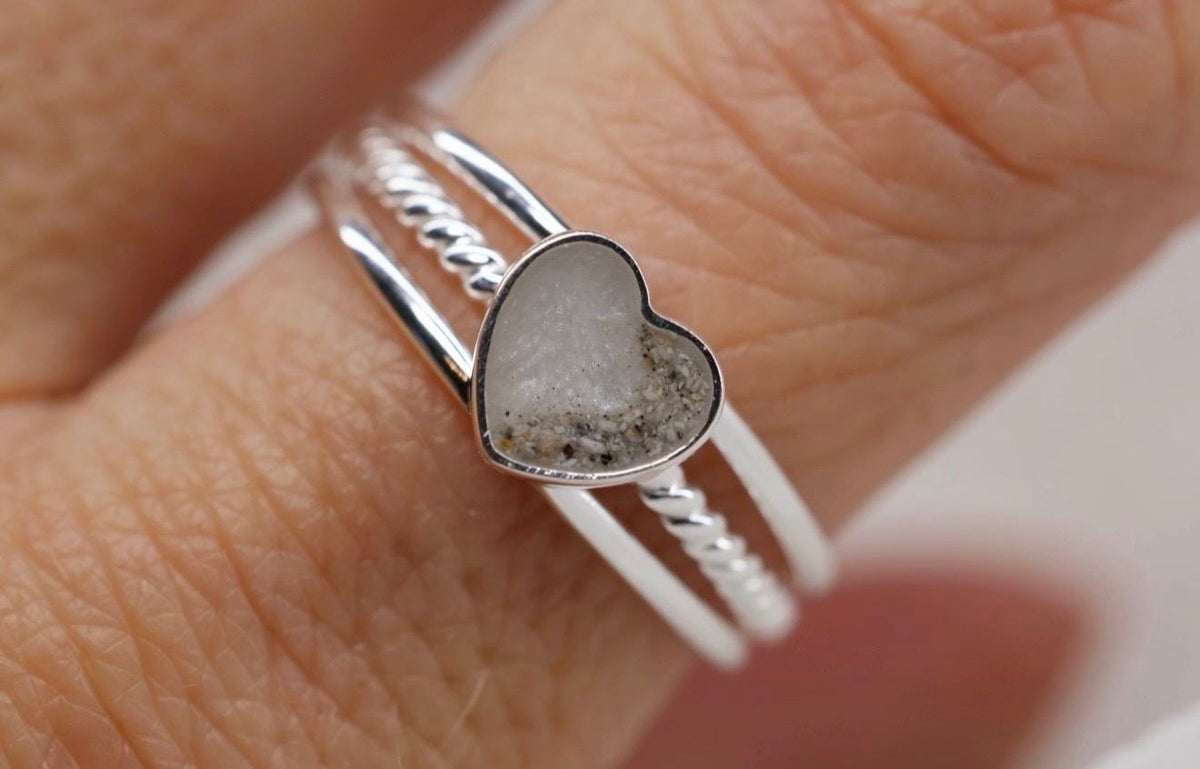 Half my Heart Cremation Ring, Triple Band Ashes Memorial Ring