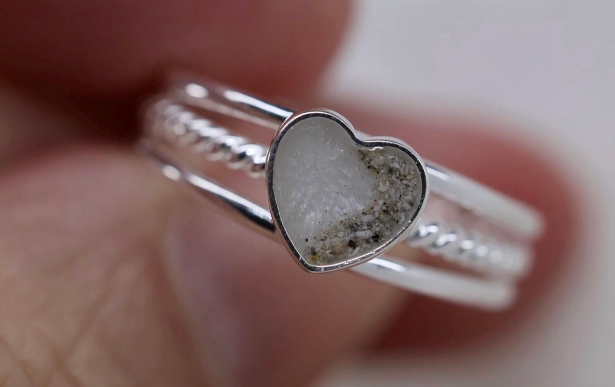Half my Heart Cremation Ring, Triple Band Ashes Memorial Ring