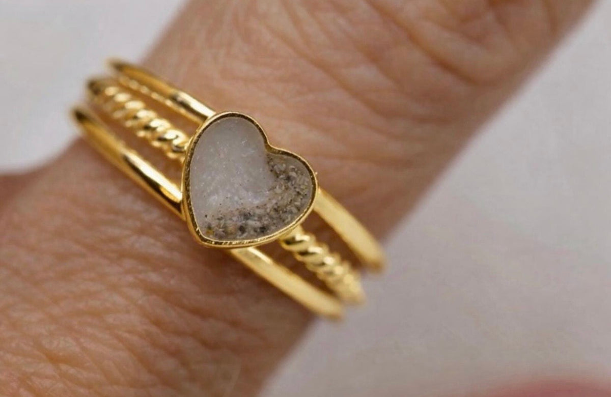 Half my Heart Cremation Ring, Triple Band Ashes Memorial Ring