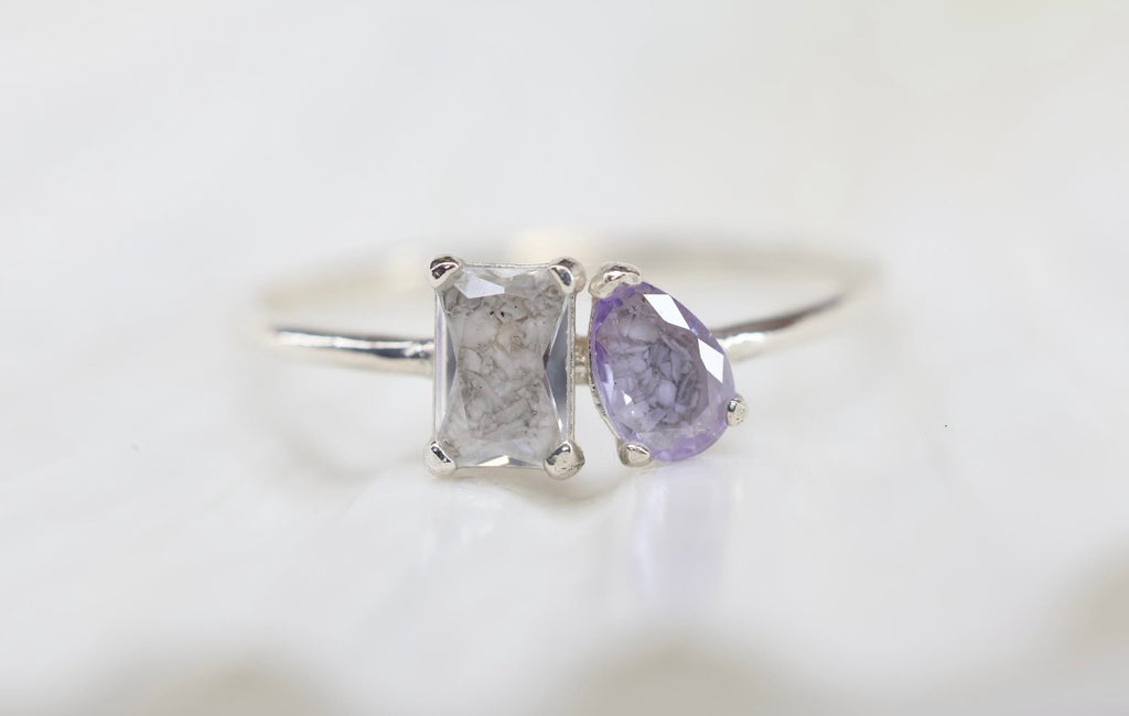 Toi et Moi Cremation Ashes Ring, Emerald & Pear Cut Ring