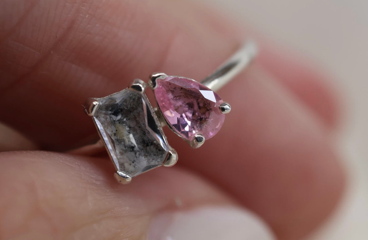 Toi et Moi Cremation Ashes Ring, Emerald & Pear Cut Ring