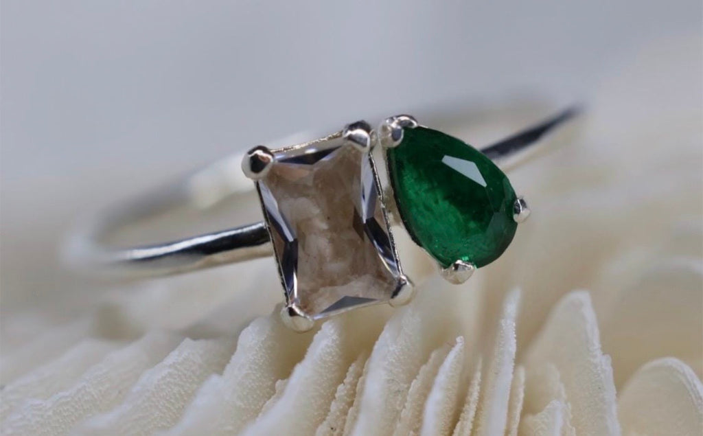 Toi et Moi Cremation Ashes Ring, Emerald & Pear Cut Ring