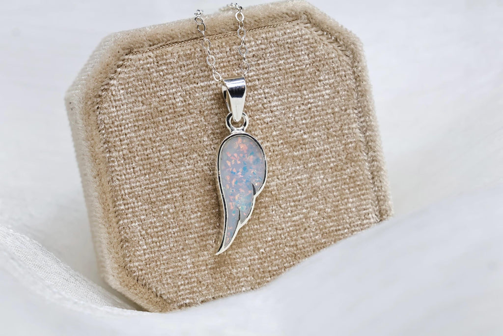 Opal Wing Cremation Necklace, Angel Wing Ashes Keepsake Necklace