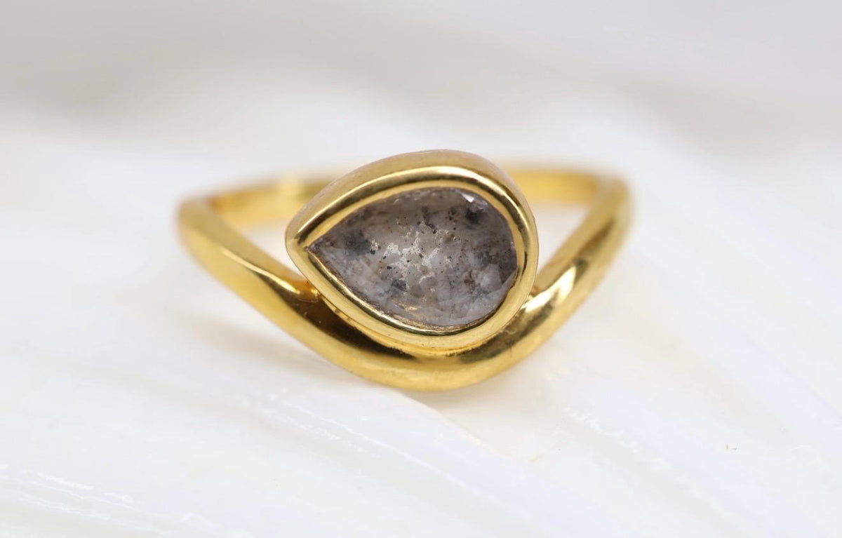Cremation East West Pear Bezel Ring, Thick Curved Band Memorial Ring