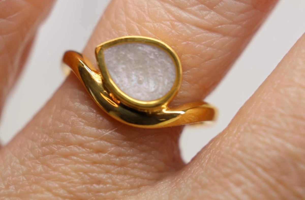 Cremation East West Pear Bezel Ring, Thick Curved Band Memorial Ring