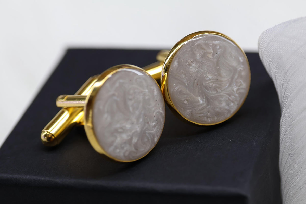Cremation Cufflinks, Pearl White Round Memorial Jewelry with Pearl Effect Ashes