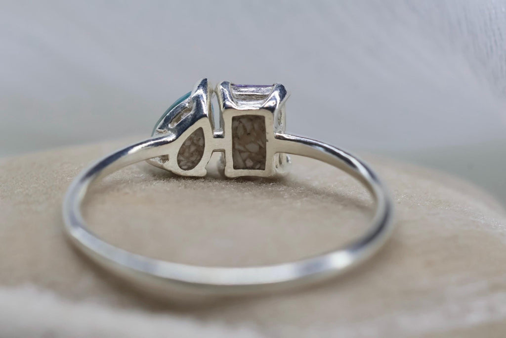 Toi et Moi Cremation Ashes Birthstone Ring, Emerald and Pear Cut Stones