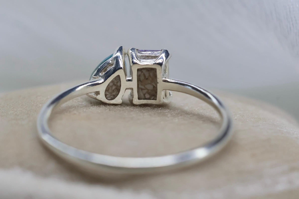 Toi et Moi Cremation Ashes Birthstone Ring, Emerald and Pear Cut Stones