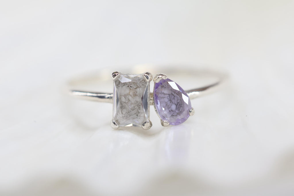Toi et Moi Cremation Ashes Birthstone Ring, Emerald and Pear Cut Stones