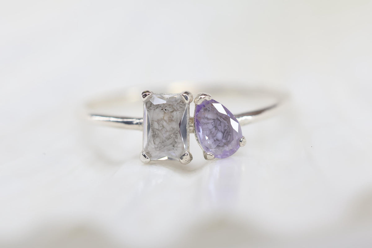 Toi et Moi Cremation Ashes Birthstone Ring, Emerald and Pear Cut Stones