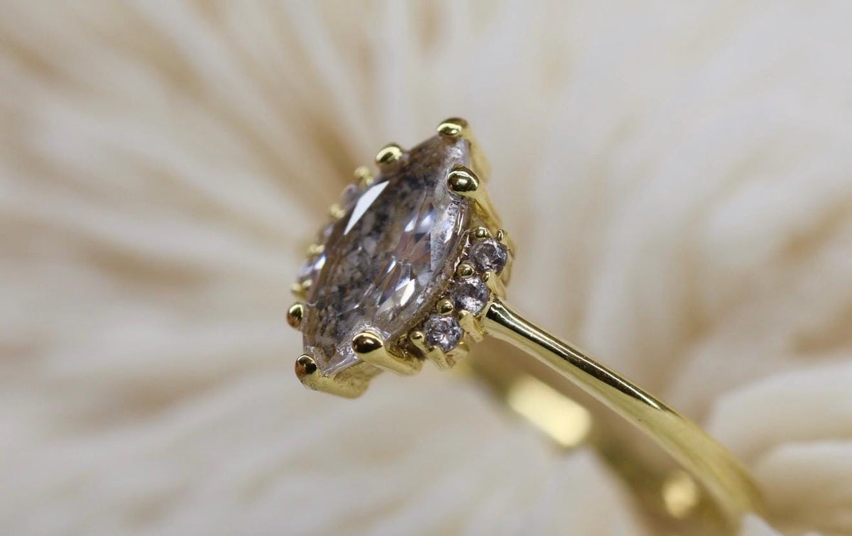 Solid Gold Cremation Ashes Ring, CZ Marquise Memorial Jewelry