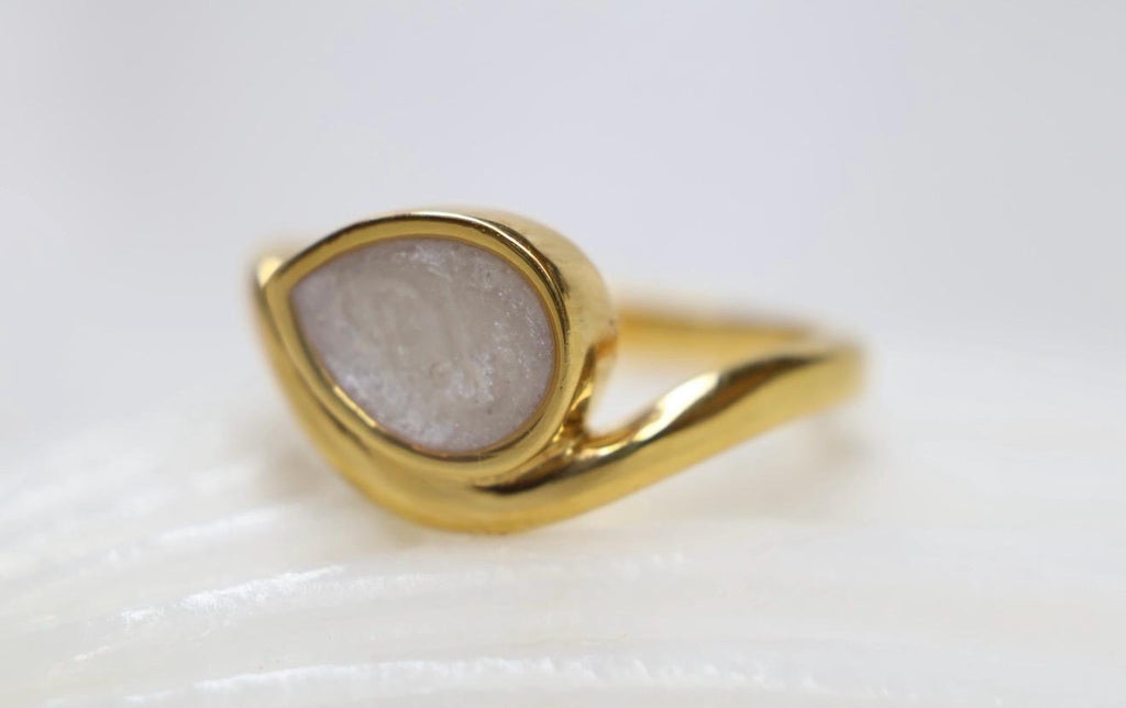 Cremation East West Pear Bezel Ring, Thick Curved Band Memorial Ring