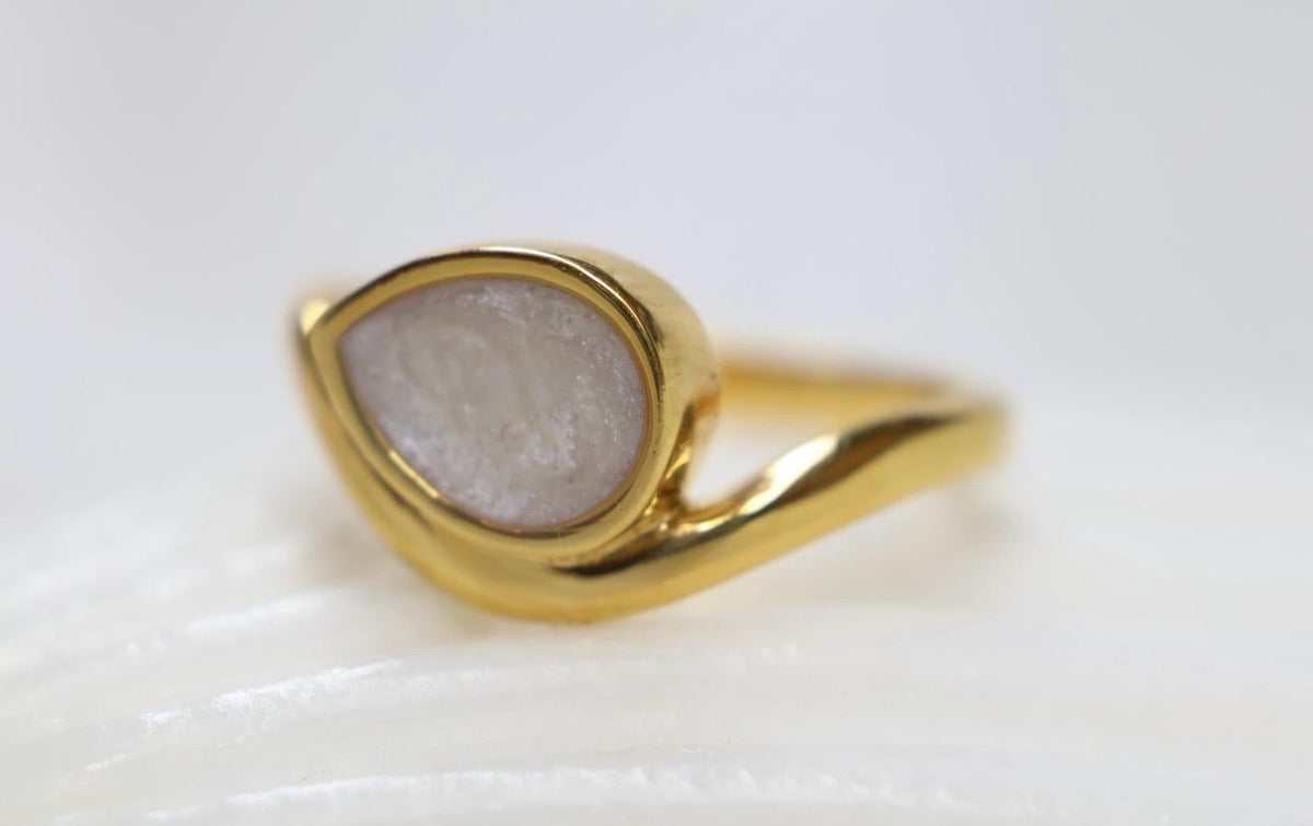 Cremation East West Pear Bezel Ring, Thick Curved Band Memorial Ring