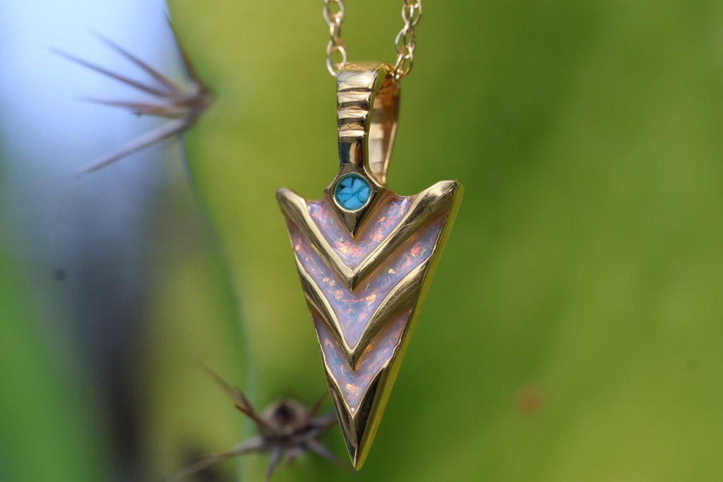 Cremation Ashes Arrowhead Necklace – Ashes Memorial Jewelry with Turquoise & Opal